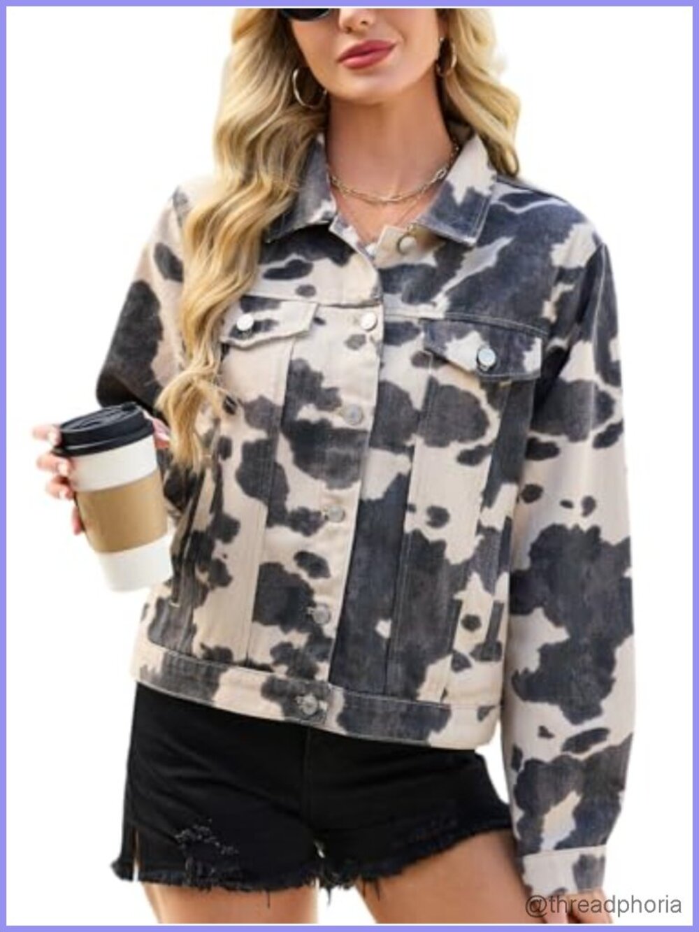 Women's Oversized Animal Print Cotton Blend Denim Jacket Casual Long Sleeve